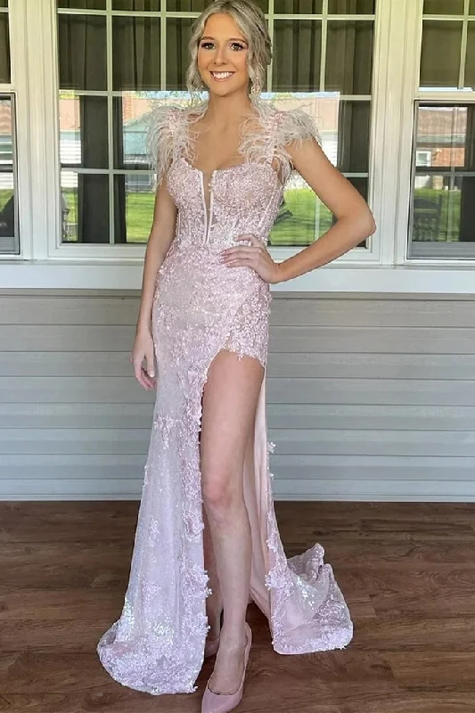 Appliques Mermaid Split Pink Prom Dresses