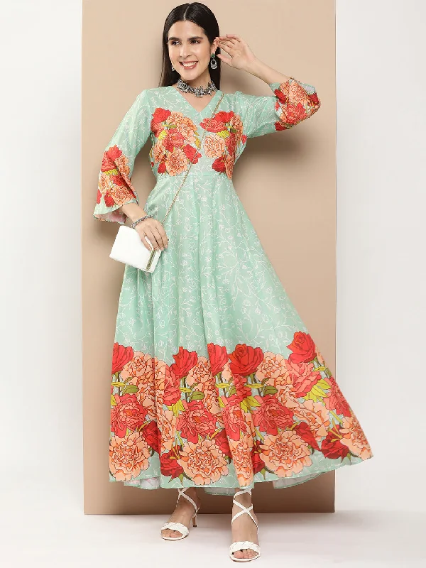 Women's Green Printed Long Dress With Waist Belt - Bhama