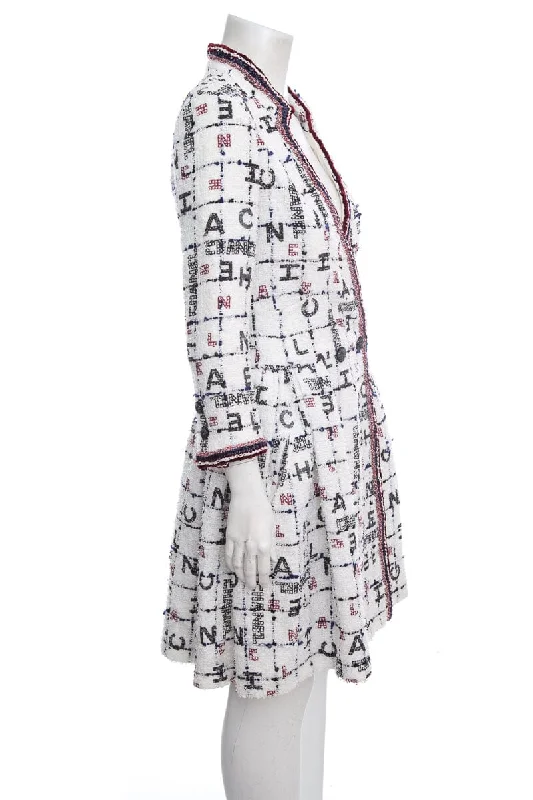 Chanel Spring 2020 White & Multi Logo Tweed Coat/Dress SZ 36 Houndstooth Jacket Shearling Jacket Fleece Jacket