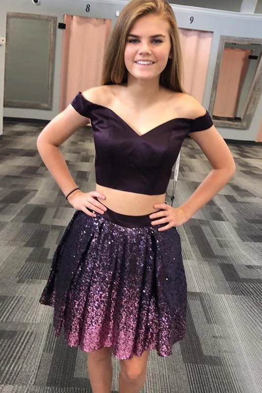 Two Piece Off the Shoulder Grape Sequined Short Homecoming Dress DMD91