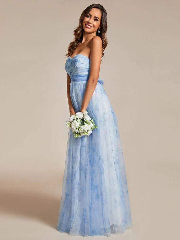 Floral Printed Empire Waist Strapless Formal Evening Dress with A-line