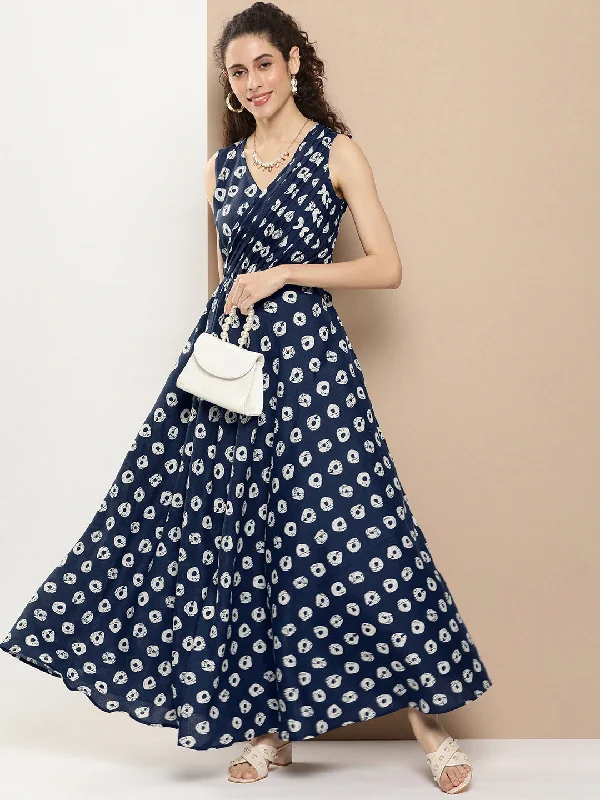 Women's Navy Blue Printed Long Dress With Waist Belt - Bhama