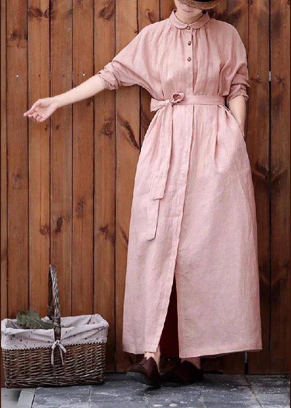 Women Peter pan Collar tie waist Plus Size outfit pink Knee coats Satin Silk Chiffon