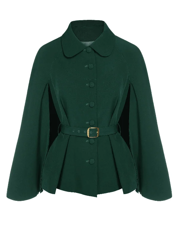 Green 1940s Lapel Cape Coat Hooded Jacket Zipper Jacket Button Jacket