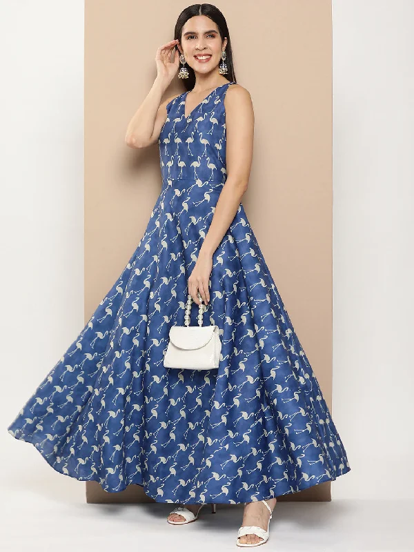 Women's Navy Blue Printed Long Dress With Waist Belt - Bhama