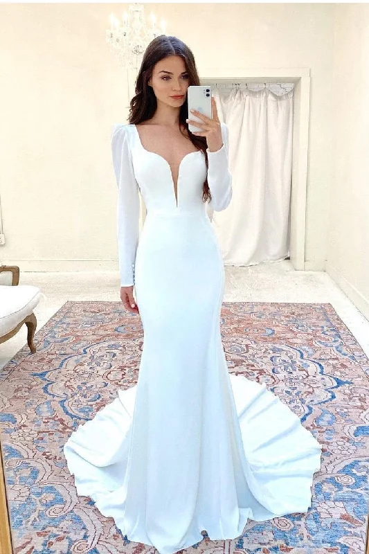 Long Sleeves Sheath Bride Dress with Plunging Neckline