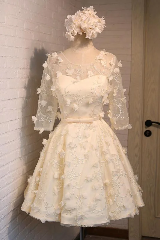 A Line Floral Short Round Neck 3/4 Sleeves Homecoming Dresses DMD4