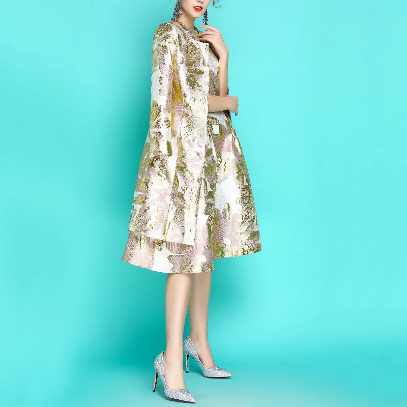 2019 New Fashion Women's Luxurious Floral Jacquard Embroidery Long Windbreaker Single-breasted Trench Coat + Dress Two Piece Set Toggle Coat Shawl Collar Coat Notch Collar Coat