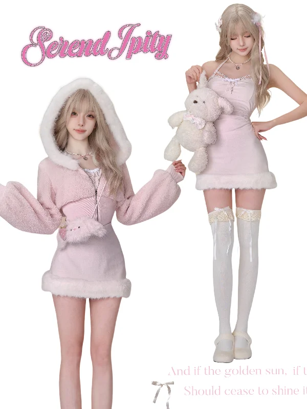 Winter lamb wool coat top + pink dress for women Print Jacquard Embroidered