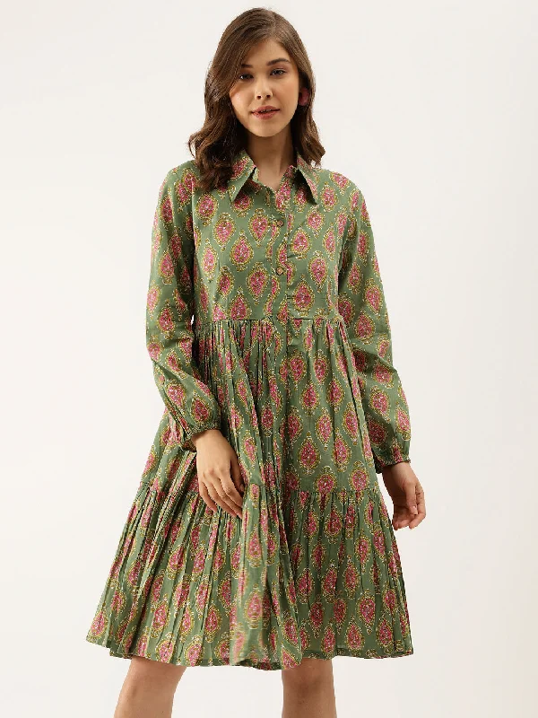NOZ2TOZ Green Paisley Printed Cotton Dress