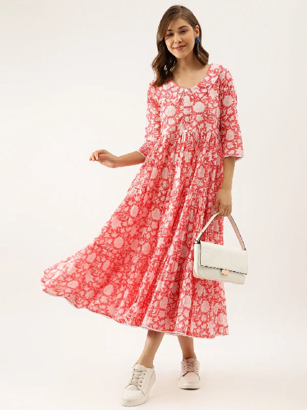 NOZ2TOZ Women's Pink Floral Printed Cotton Ethnic Dress