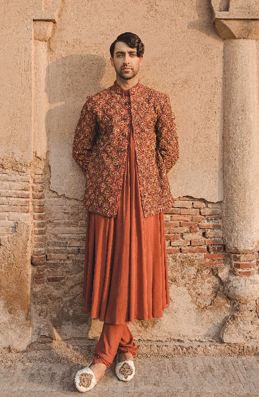 Handcrafted Rust Prince Coat with Rajasthani Kurta and Pajama Front Pockets Side Pockets Patch Pockets