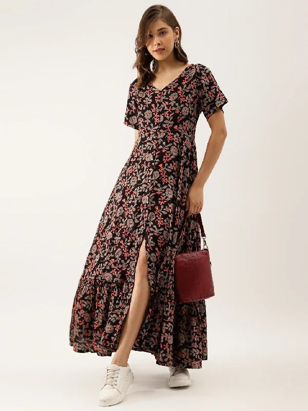 NOZ2TOZ Women's Black Multi Floral Printed Rayon Ethnic Dress