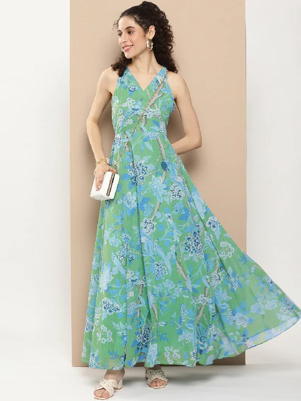 Women's Green Printed Long Dress With Waist Belt - Bhama