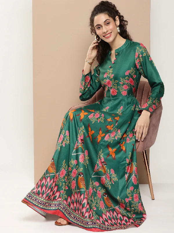 Women's Green Printed Long Dress With Waist Belt - Bhama