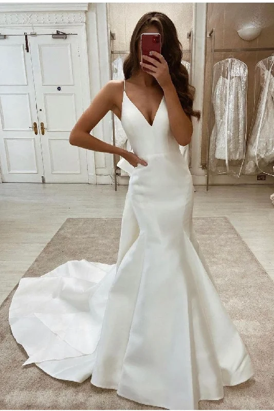 Modern Satin Bridal Dress with V-neck and Back Bow