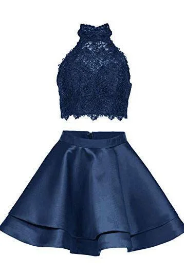 Two Piece Dark Blue Short Homecoming Dress with Lace, A Line Satin Graduation Dress DMM55 Two Piece Dark Blue Short Homecoming Dress with Lace, A Line Satin Graduation Dress DMM55