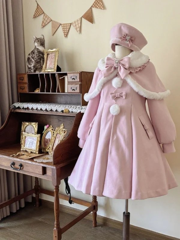 Sweet Pink Lolita Cape Coat Dress Turtleneck Wrap Cape