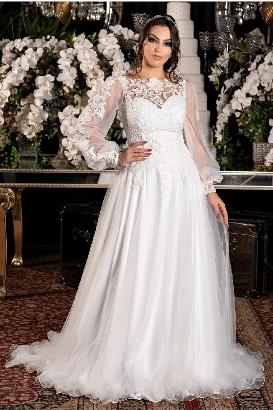 Lace Neckline Tulle Bridal Dress with Sheer Sleeves