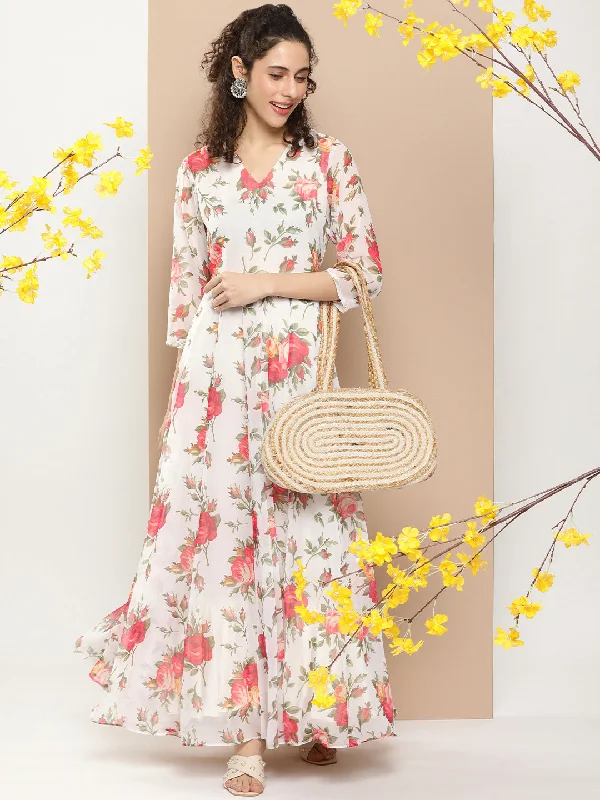 Women's White Printed Long Dress With Waist Belt - Bhama