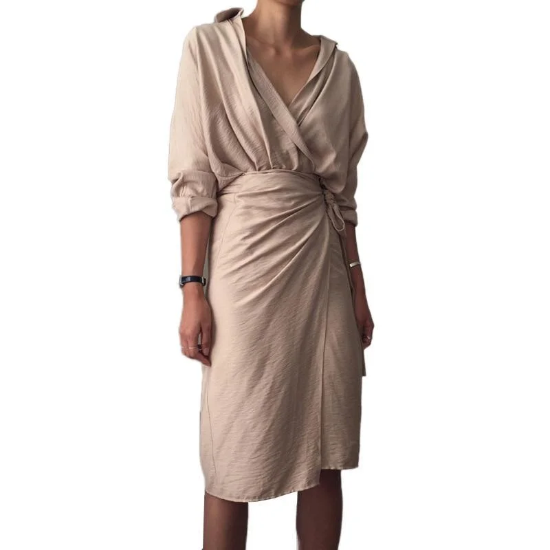FashionSierra - Women v neck front split tie waist dress