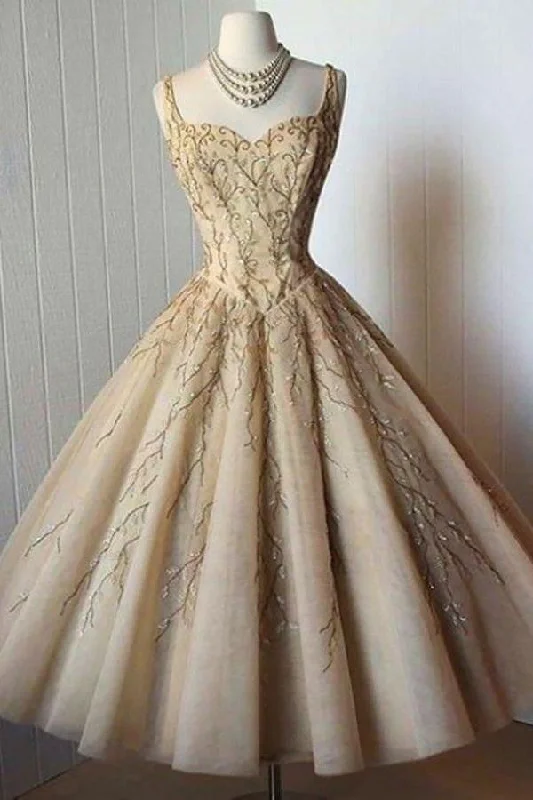 Elegant A-Line Straps Sweetheart Tea-Length Sleeveless Homecoming Dresses DMD92