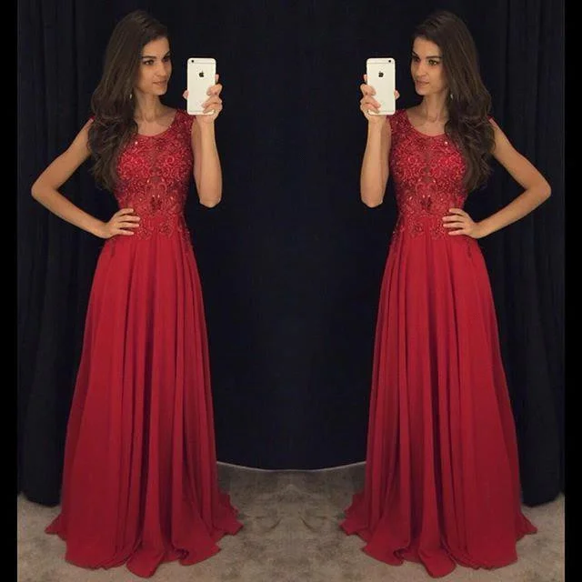 Fit and Flare Sleeveless Red Evening Dresses 2016 Lace Appliques Chiffon