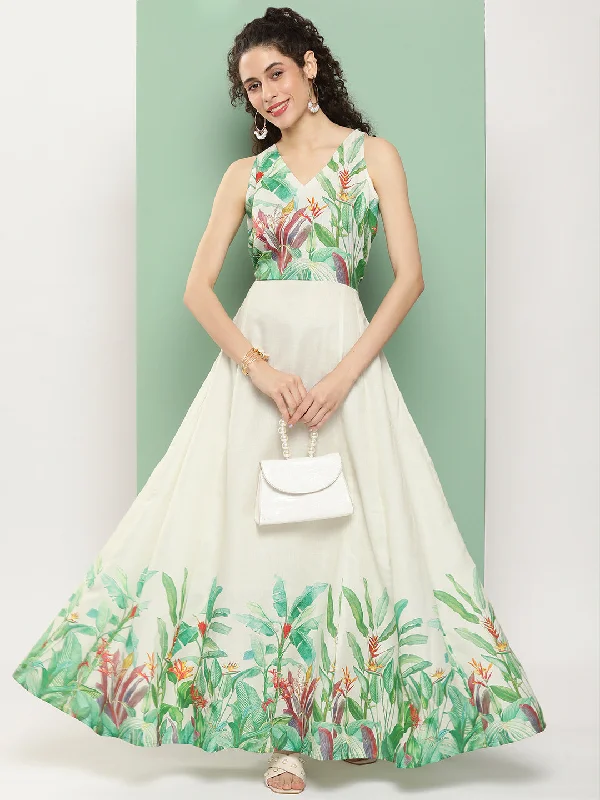 Women's Beige Printed Long Dress With Waist Belt - Bhama
