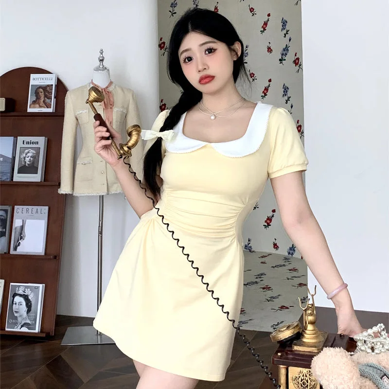 Yellow Doll Neck Dress Summer Academy Gentle High Waist Square Neck Long Dress LL-423 Yellow Doll Neck Dress Summer Academy Gentle High Waist Square Neck Long Dress LL-423