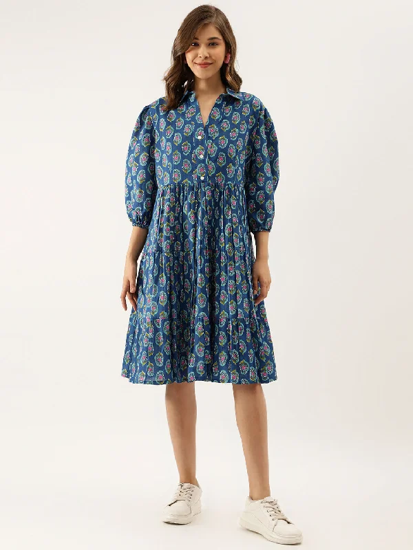 NOZ2TOZ Women's Blue Paisley Printed Cotton Dress