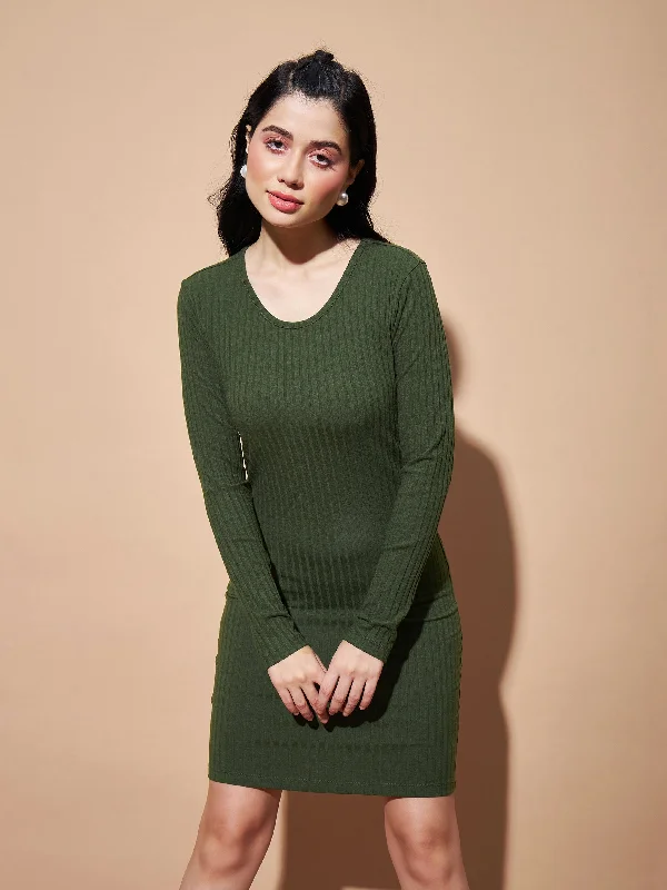Lyush Women Olive Basic Bodycon Rib Dress