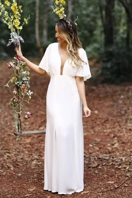 Loose Sleeves Boho Bridal Dress with Plunging Neckline