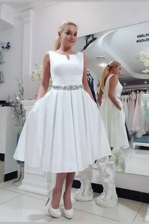 Modest Short Satin Midi Bridal Dress for Casual Wedding