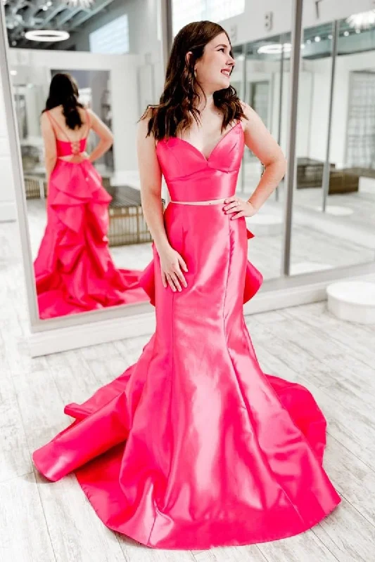 Pink V Neck Satin Two Piece Long Prom Dresses