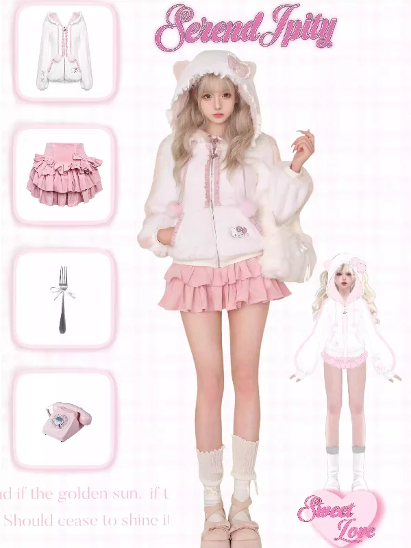 Kitten Plush Coat + Cake Skirt Anorak Windbreaker Fleece