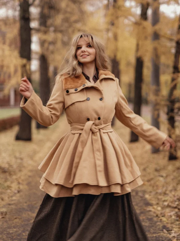 1950s Fur Collar Waisted Winter Coat Buttoned Zippered Snapped