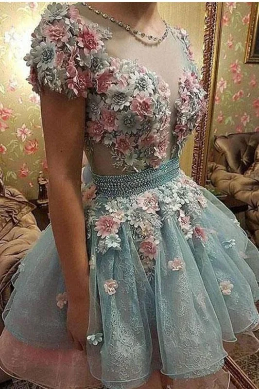 A Line Short Sleeves Homecoming Dresses, Princess Short Prom Dress With Flowers DMM52 A Line Short Sleeves Homecoming Dresses, Princess Short Prom Dress With Flowers DMM52