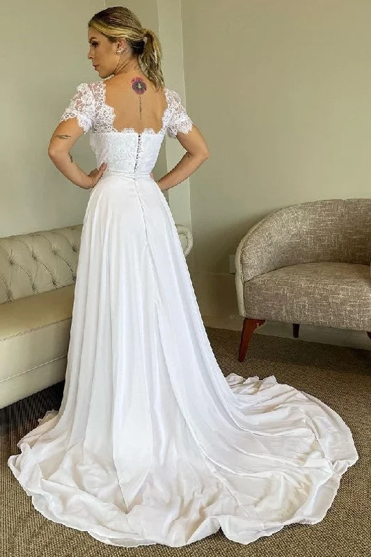 Lace Square Neck Bridal Dress with Short Sleeves