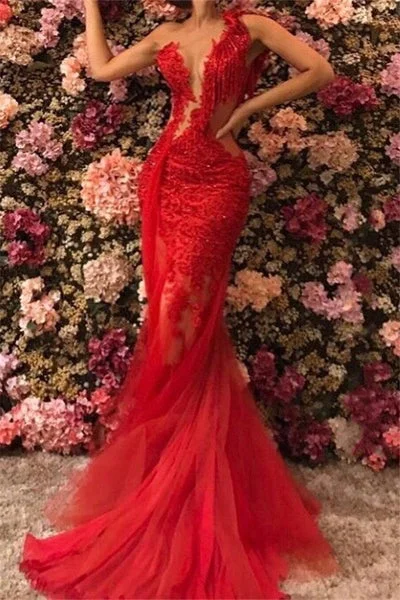 Chic one-shoulder appliquéd tulle beaded mermaid floor-length Prom Dresses