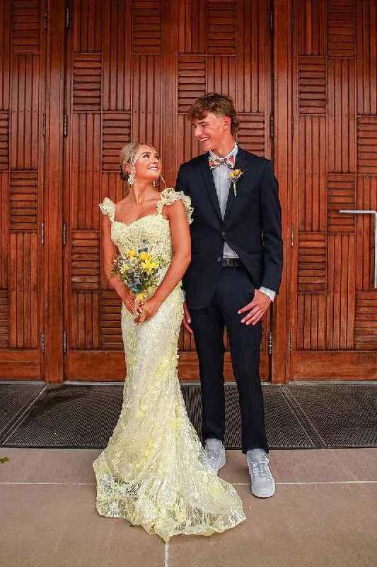 Yellow Sweetheart Sequin Appliques Long Prom Dresses