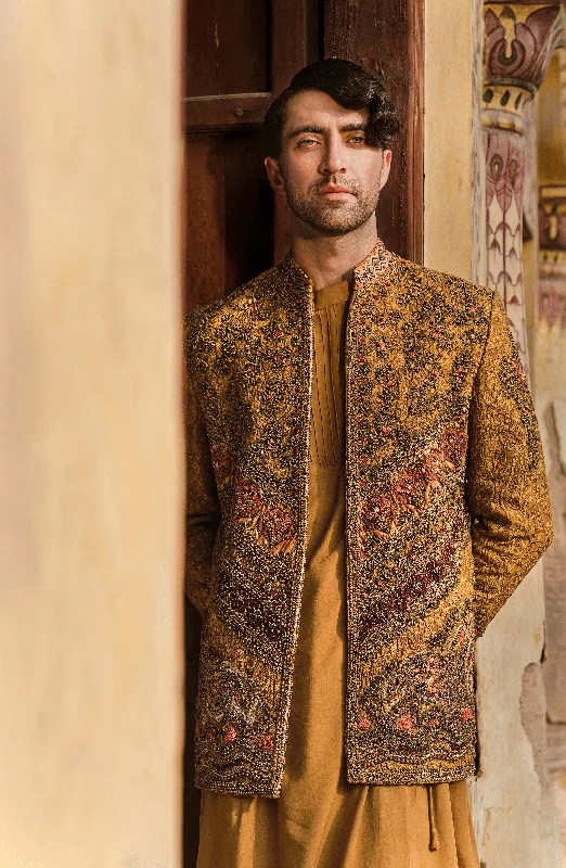 Handcrafted Mustard Prince Coat with Kurta and Pajama Welt Pockets Slit Pockets Flap Pockets