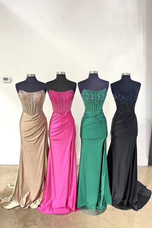 Mermaid Scoop Neck Cute Satin Beaded Long Prom Dresses