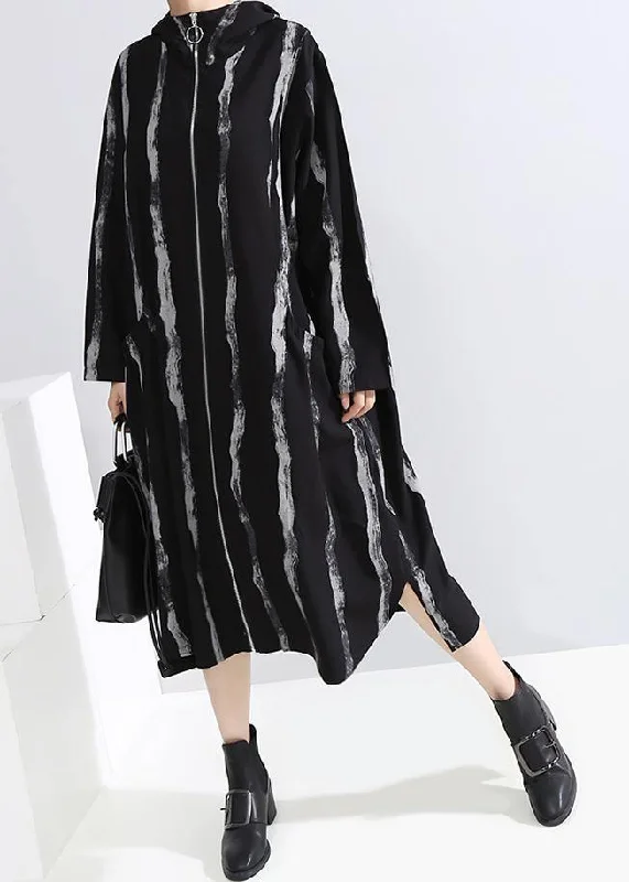 Handmade black striped Fine Long coats Cotton zippered hooded outwears Nylon Polyester Spandex