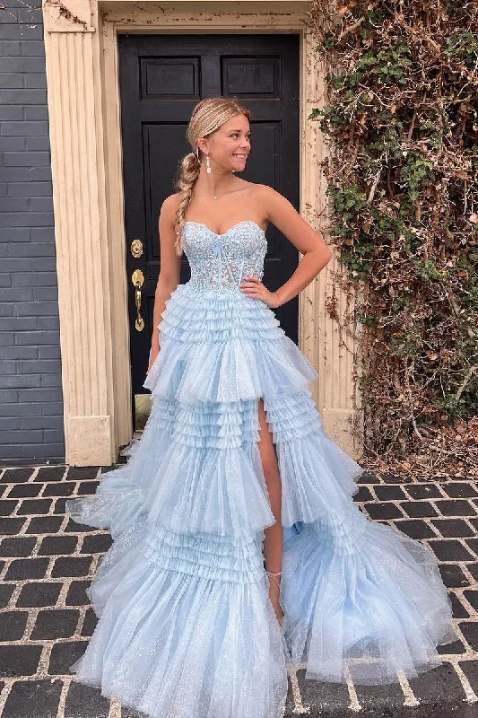 Blue Strapless Ruffle Tiered Tulle Long Prom Dresses