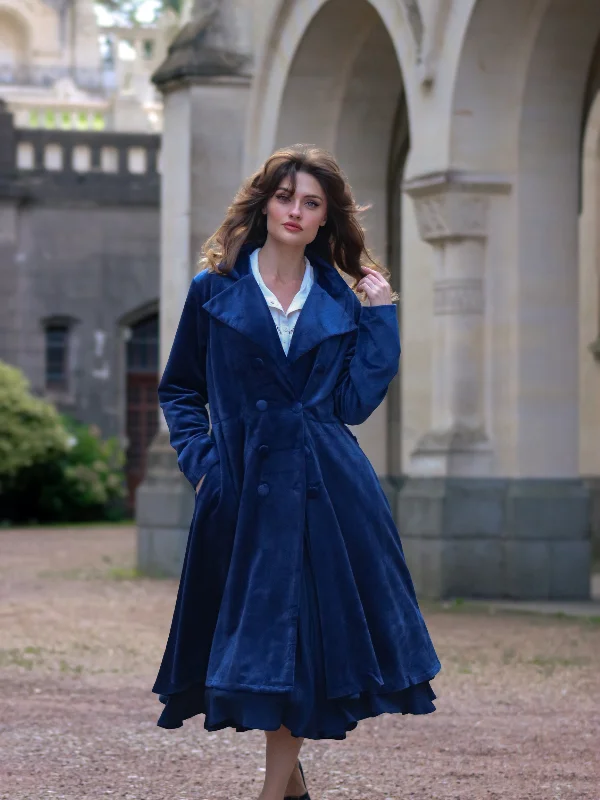 Navy Blue 1950s Corduroy Long Coat Embroidered Appliqued Beaded