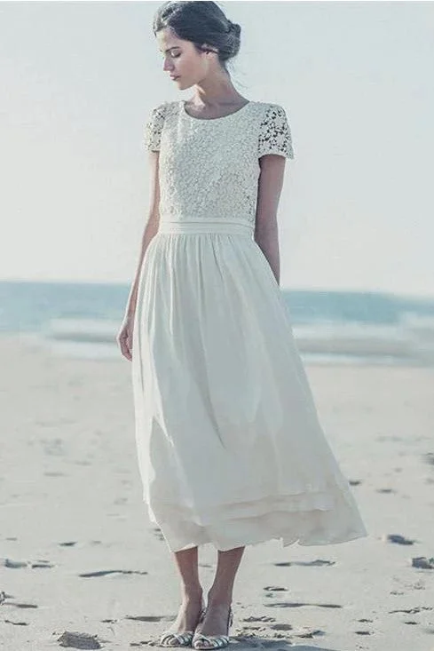 Lace Short Sleeves Tea-Length Bridal Dress for Beach Weddings