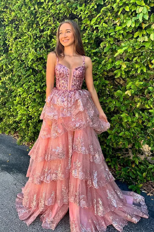 V Neck Blush Sequins Tiered A Line Prom Dresses