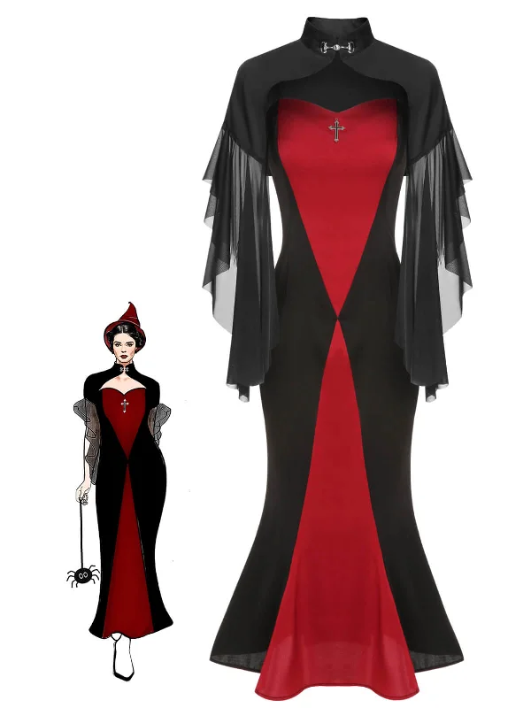 2PCS 1930s Halloween Fishtail Dress & Sheer Coat Vent Hem Cuff