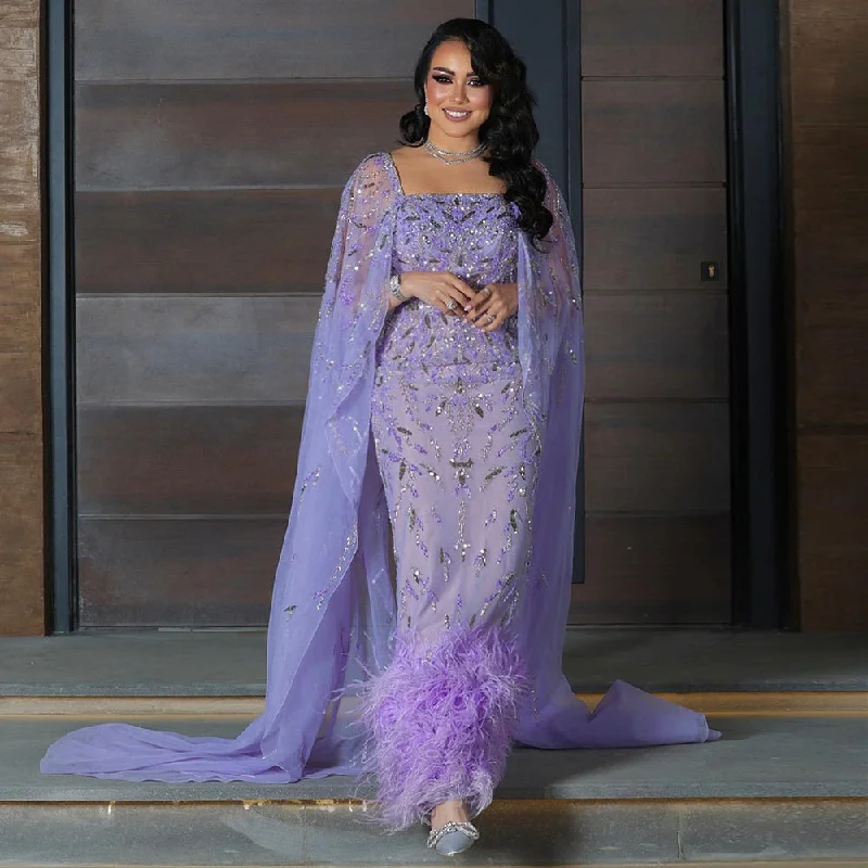 Luxury Feathers Lilac Evening Dress with Cape Sleeves SS381 Turtleneck Warm Winter
