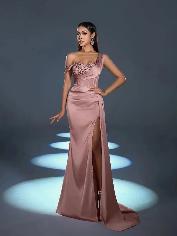 Elegant Asymmetrical Neck Split Mermaid Hem Satin Evening Dress Boatneck Modish Everyday Elegant Asymmetrical Neck Split Mermaid Hem Satin Evening Dress Boatneck Modish Everyday